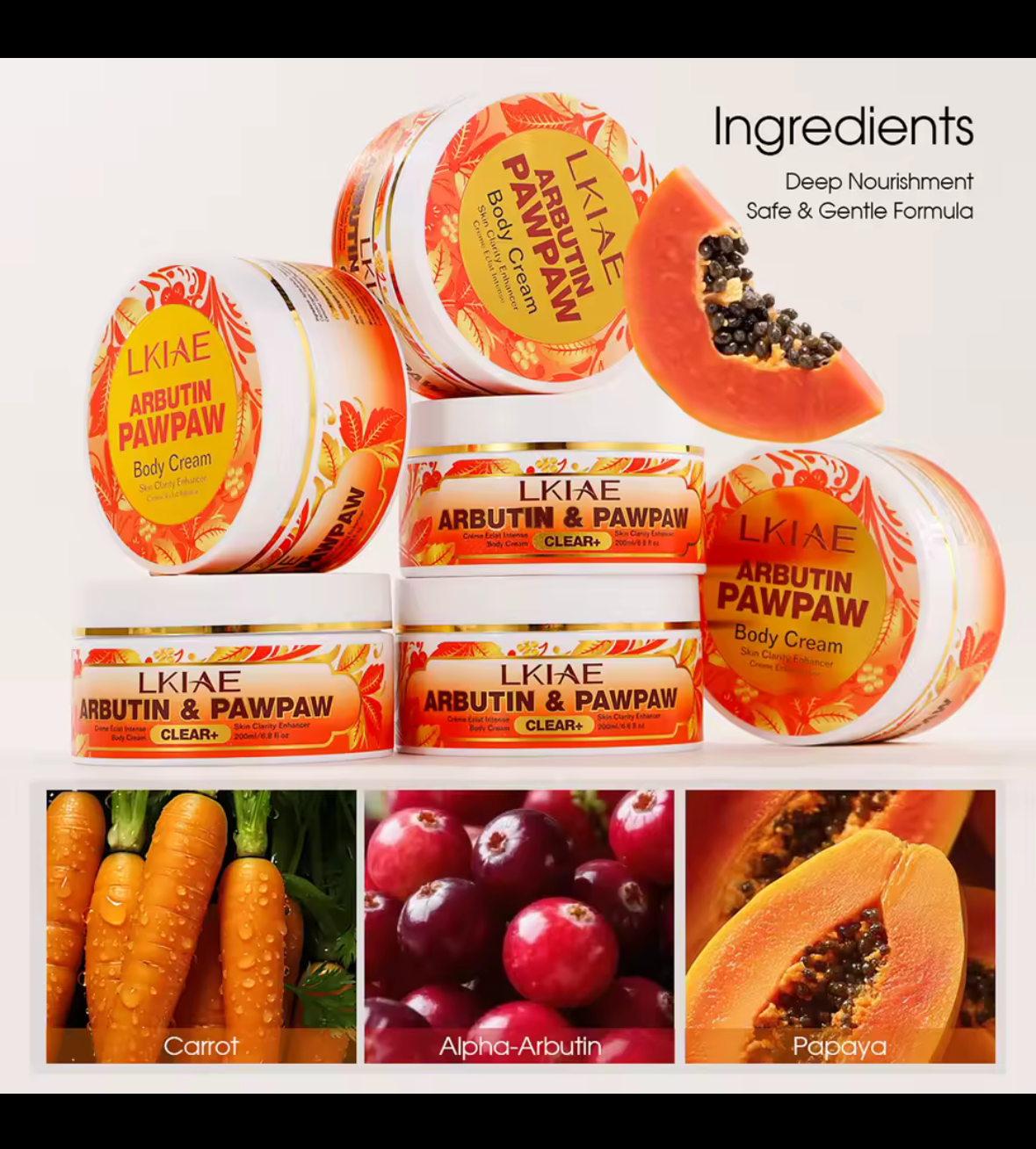 LKIAE Natural Papaya Lightening Body Cream, Moisturizing, Smooth Skin, Reduce Dark Spots, Clean Skin With Arbutin, 200ml/6.8 oz